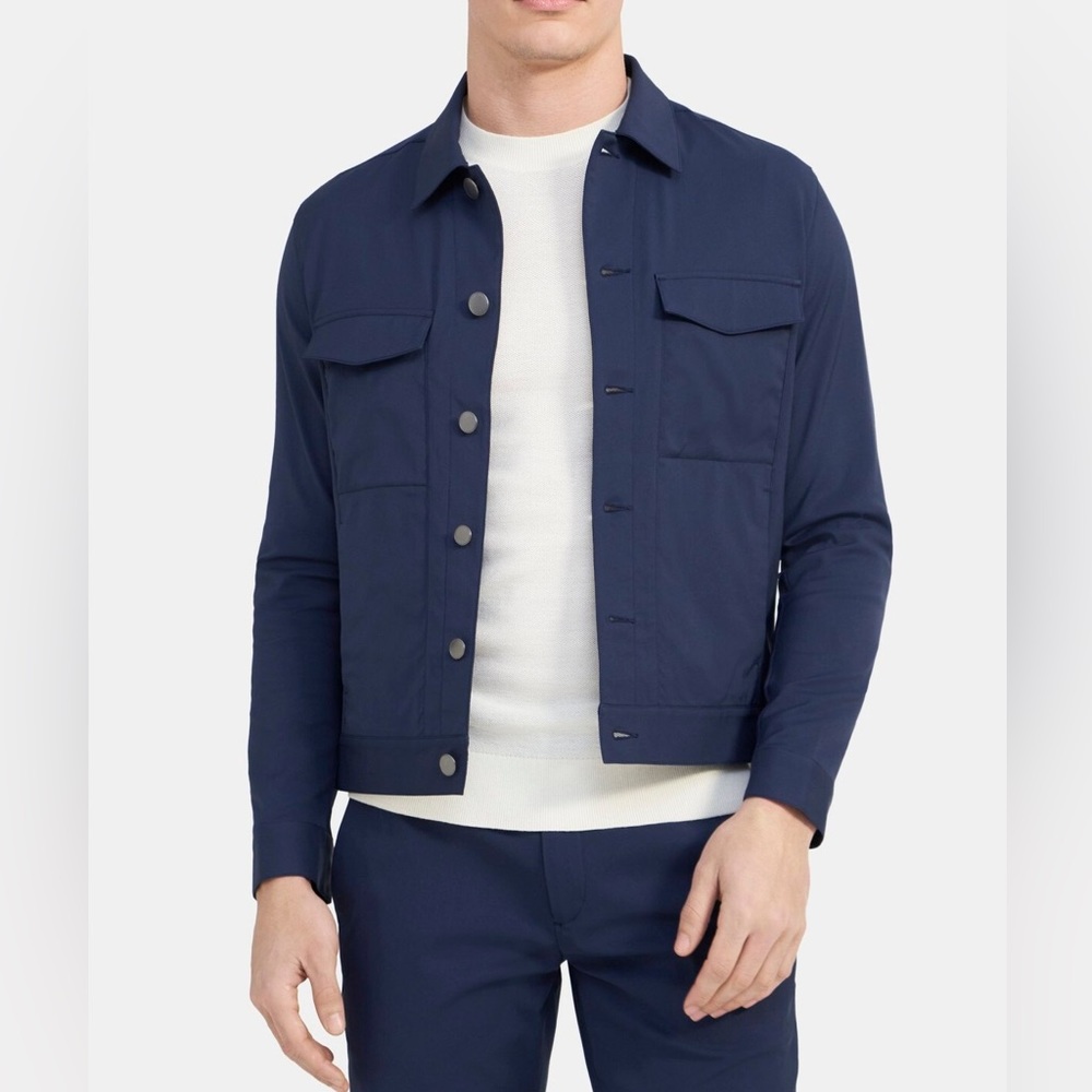Theory Mens Size L Navy Baltic Neoteric Twill River Trucker Jacket $325 Flawless